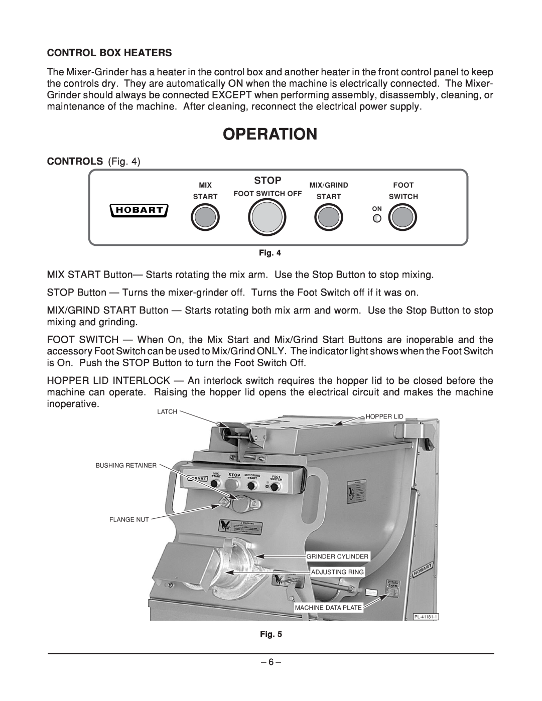 Hobart MG1532, MG2032 manual Operation, Control Box Heaters, CONTROLS Fig 