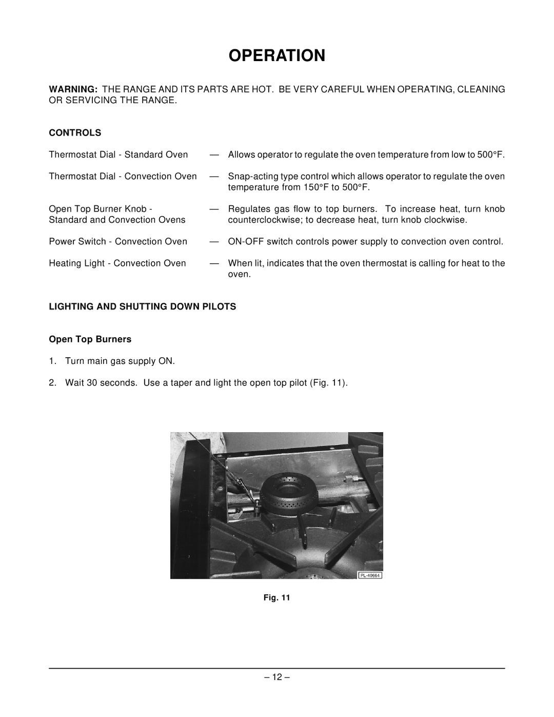 Hobart MGR36C manual Operation, Controls, Lighting and Shutting Down Pilots, Open Top Burners 