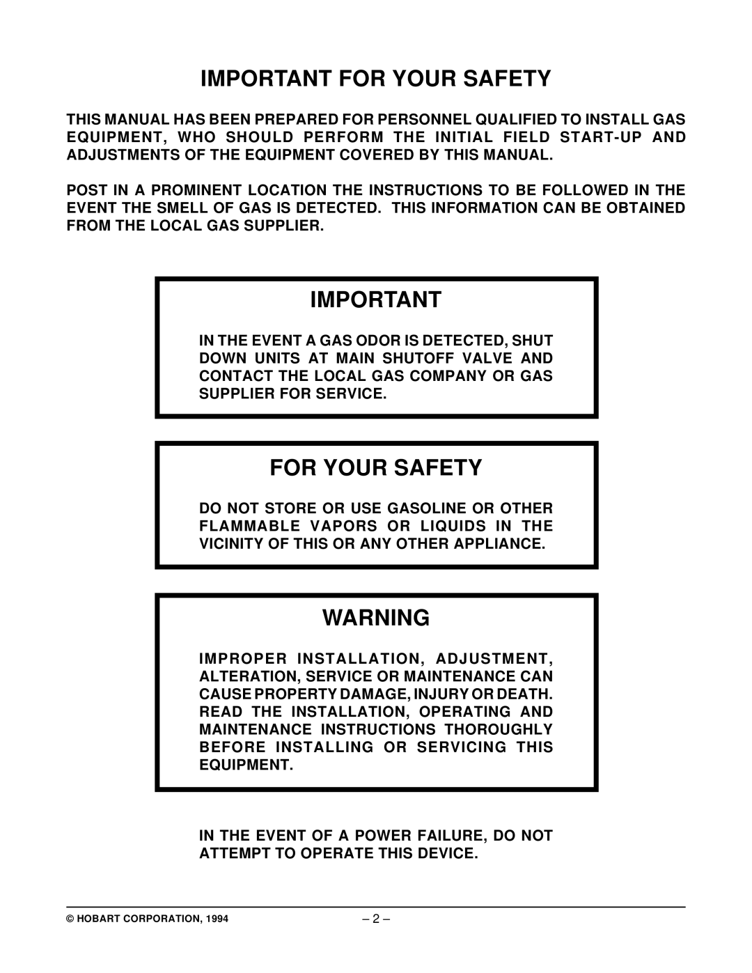 Hobart MGR36C manual Important for Your Safety, For Your Safety 