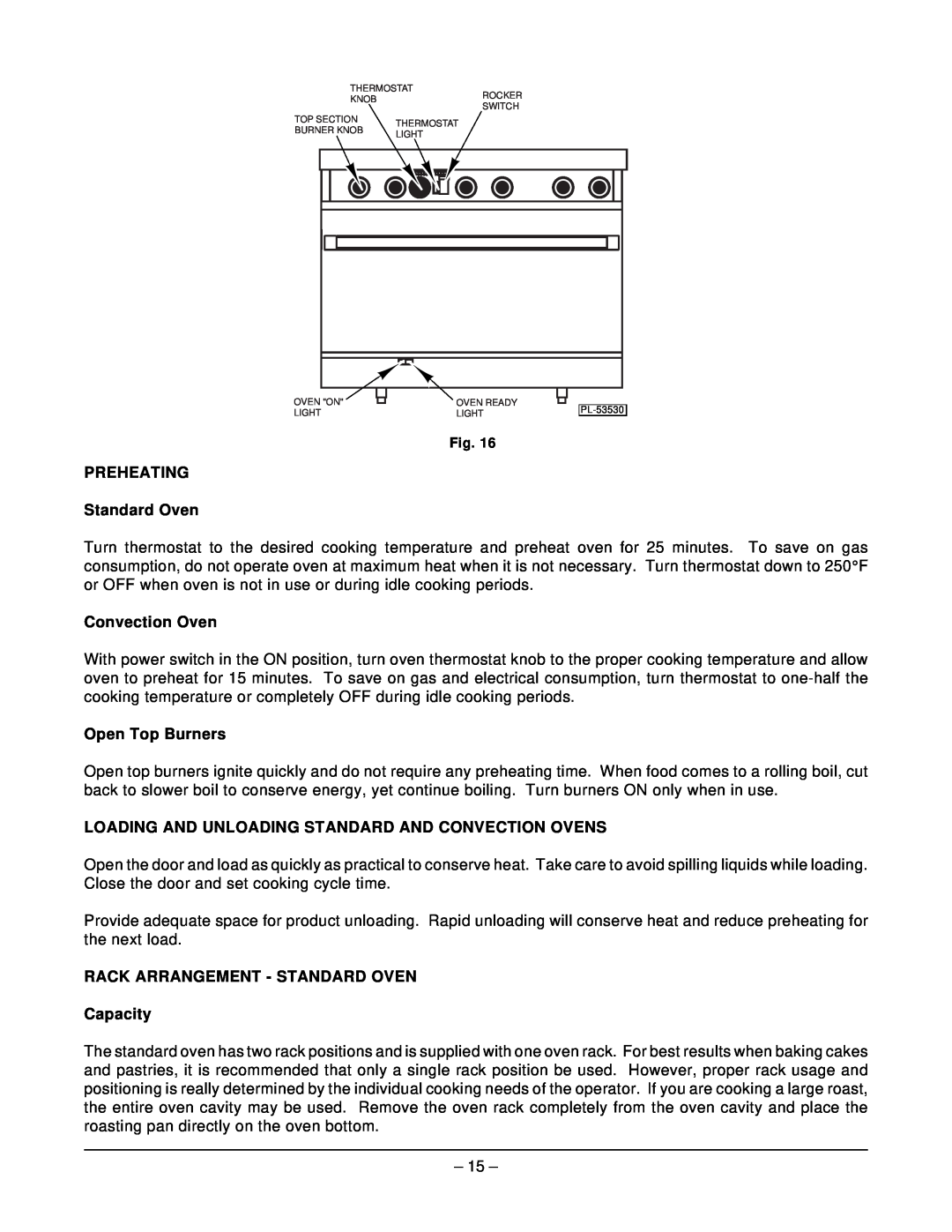 Hobart MGR36C manual PREHEATING Standard Oven, Convection Oven, Open Top Burners, RACK ARRANGEMENT - STANDARD OVEN Capacity 