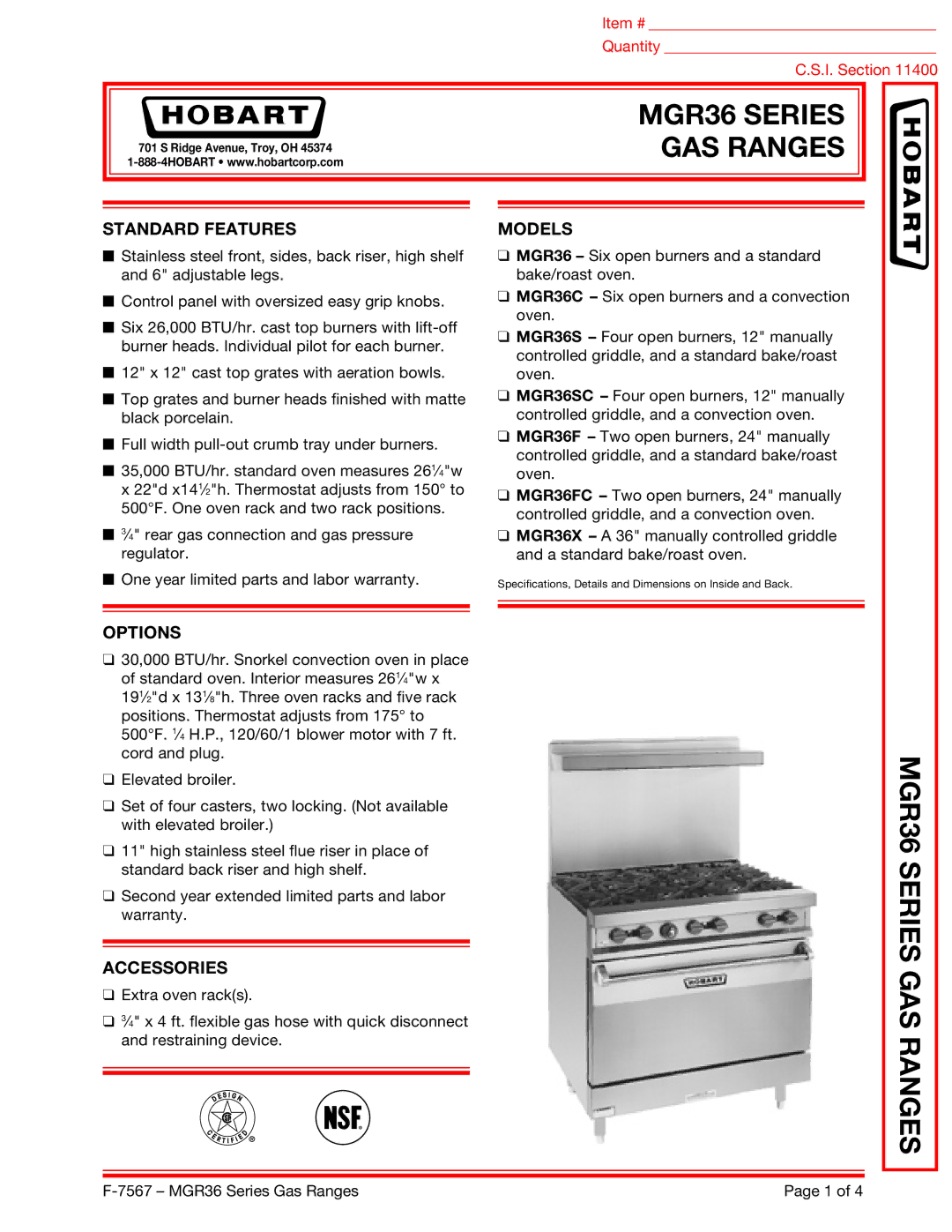 Hobart MGR36SC, MGR36X, MGR36FC specifications Standard Features, Models, Options, Accessories 