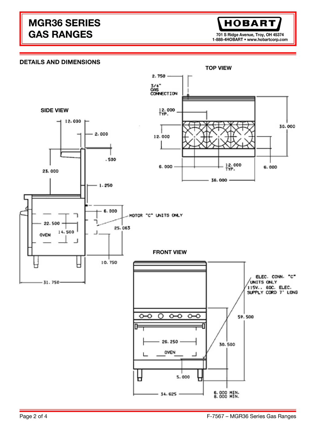 Hobart MGR36FC, MGR36X, MGR36SC specifications Details and Dimensions 