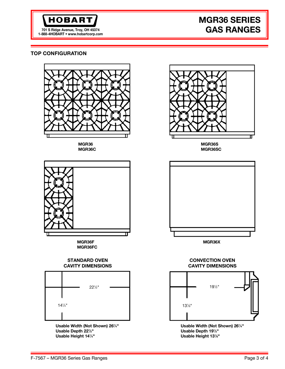 Hobart MGR36X, MGR36SC, MGR36FC specifications TOP Configuration, Standard Oven Convection Oven Cavity Dimensions 