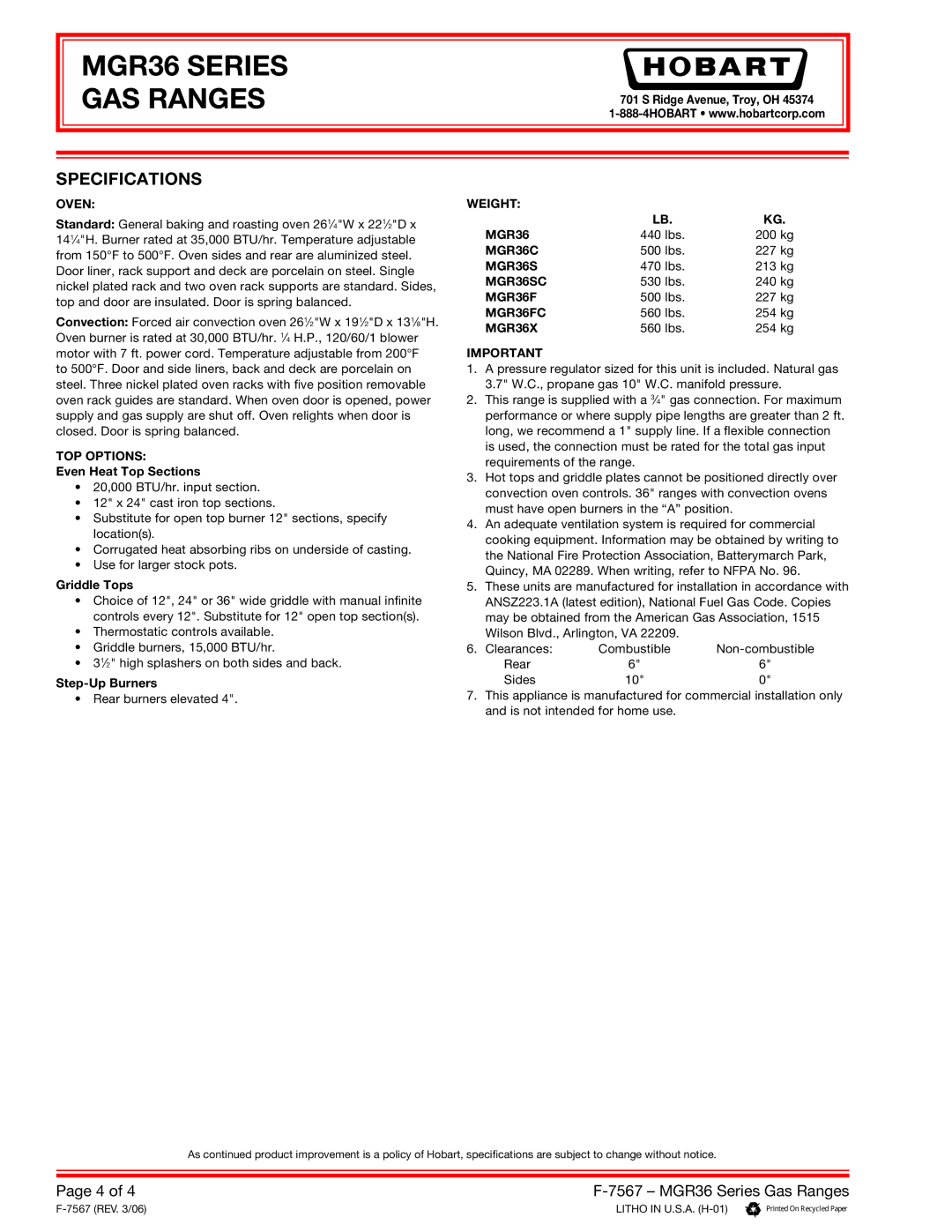 Hobart MGR36X, MGR36SC, MGR36FC specifications Specifications, Oven 