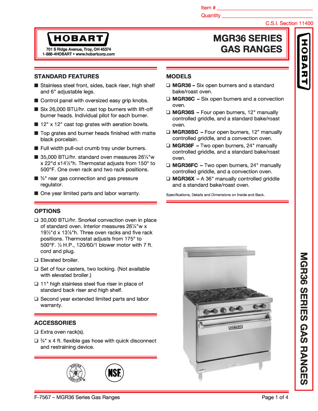 Hobart MGR36SC specifications Gas Ranges, MGR36 SERIES GAS RANGES, Standard Features, Models, Options, Accessories 