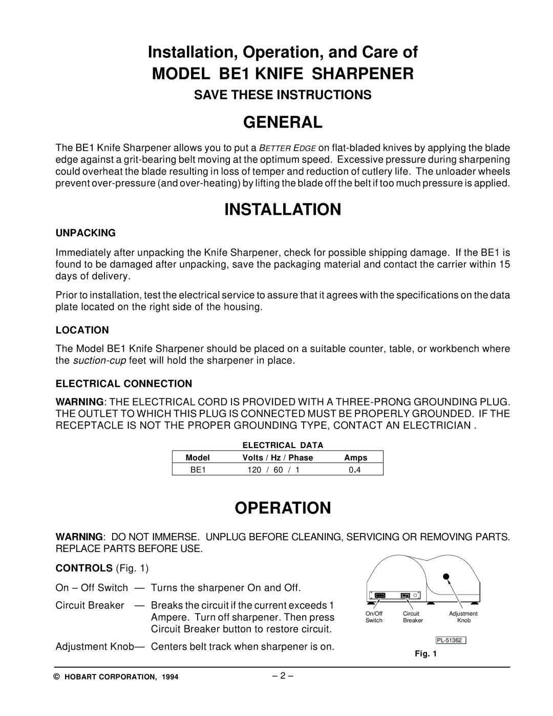 Hobart ML - 104443 manual Model BE1 Knife Sharpener General, Installation, Operation 