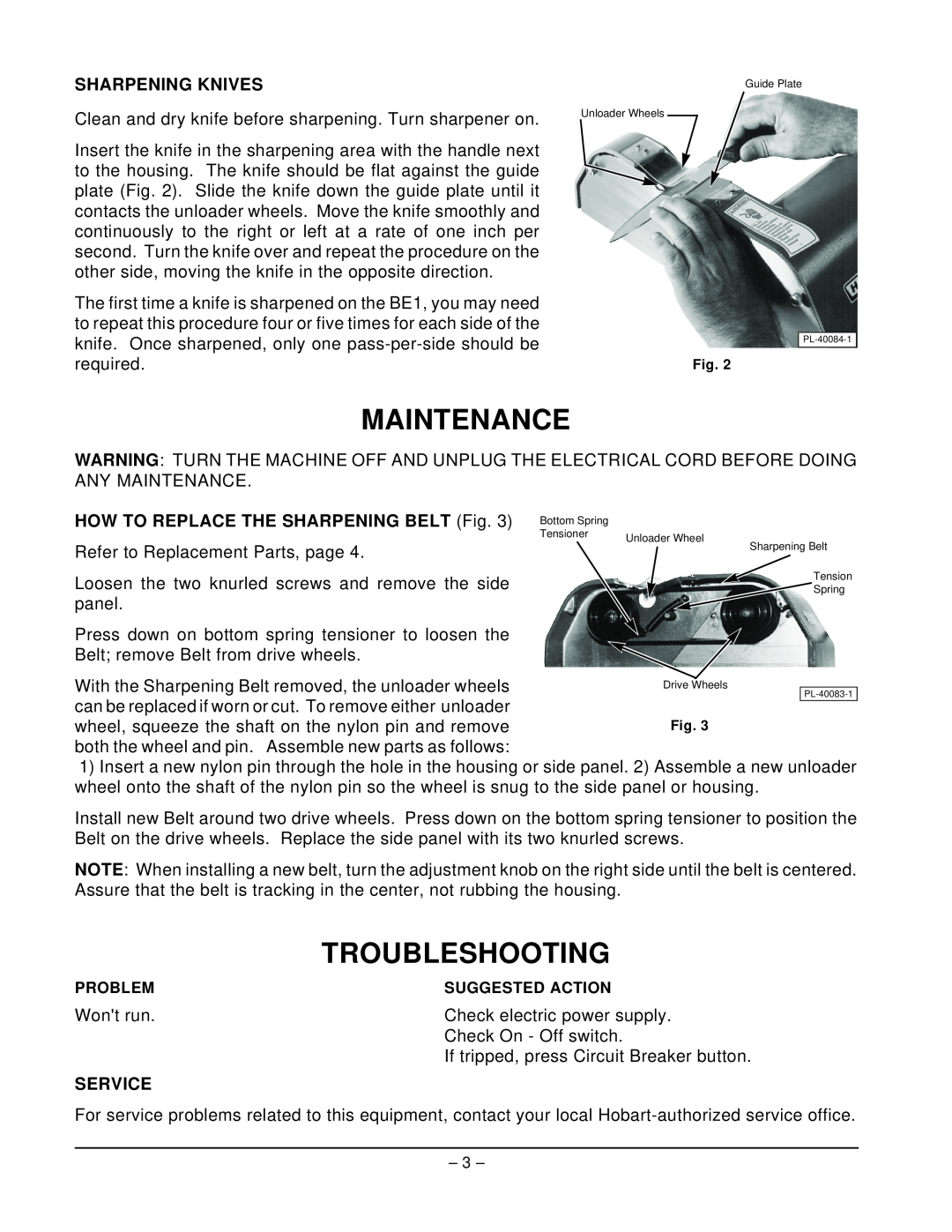 Hobart ML - 104443 manual Maintenance, Troubleshooting, Sharpening Knives, HOW TO REPLACE THE SHARPENING BELT Fig, Service 