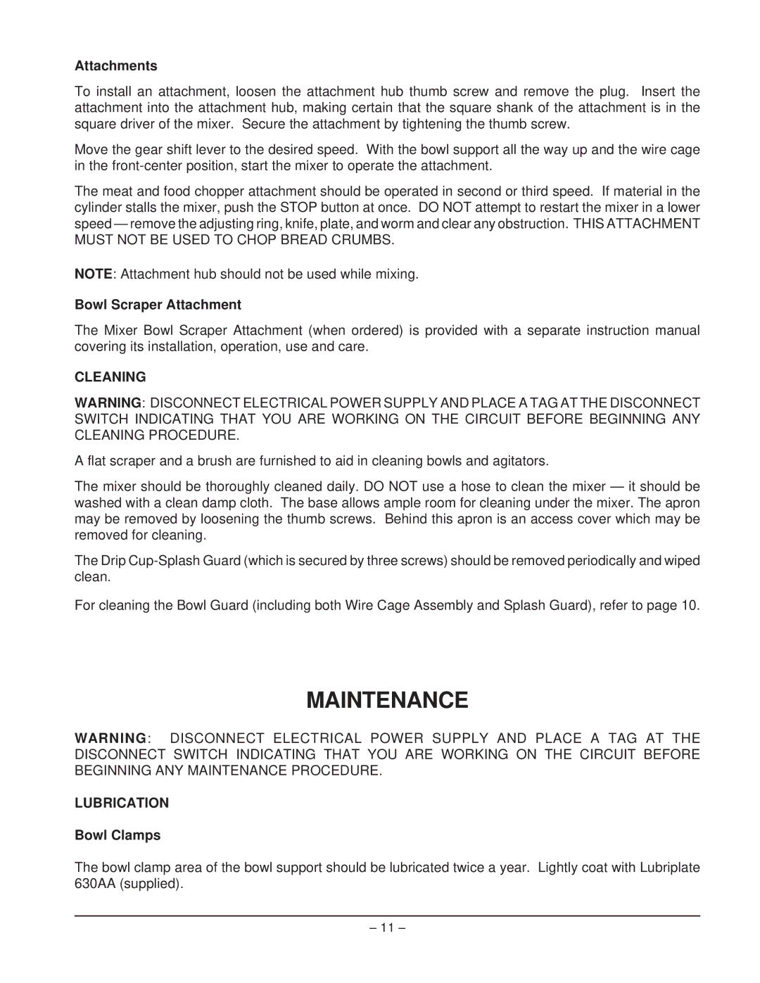 Hobart ML - 104481 manual Maintenance, Cleaning, Lubrication 