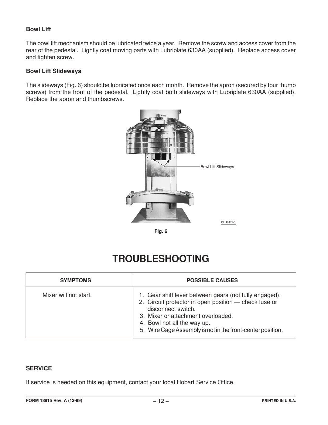 Hobart ML - 104481 manual Troubleshooting, Bowl Lift Slideways, Service 