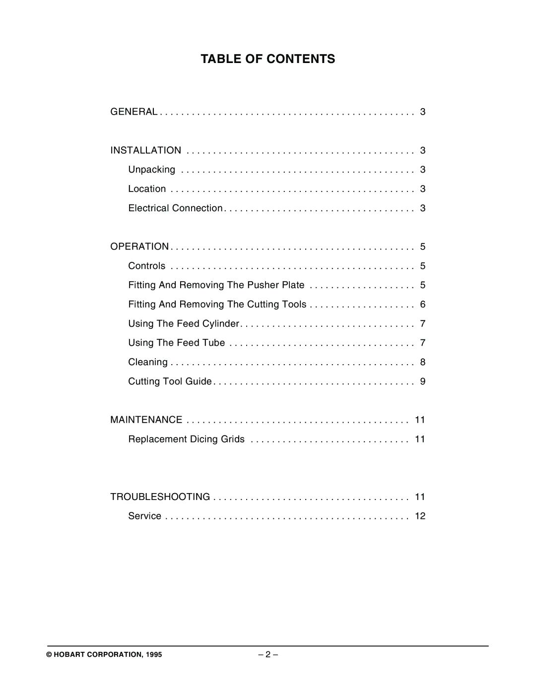 Hobart ML-104586 manual Table of Contents 