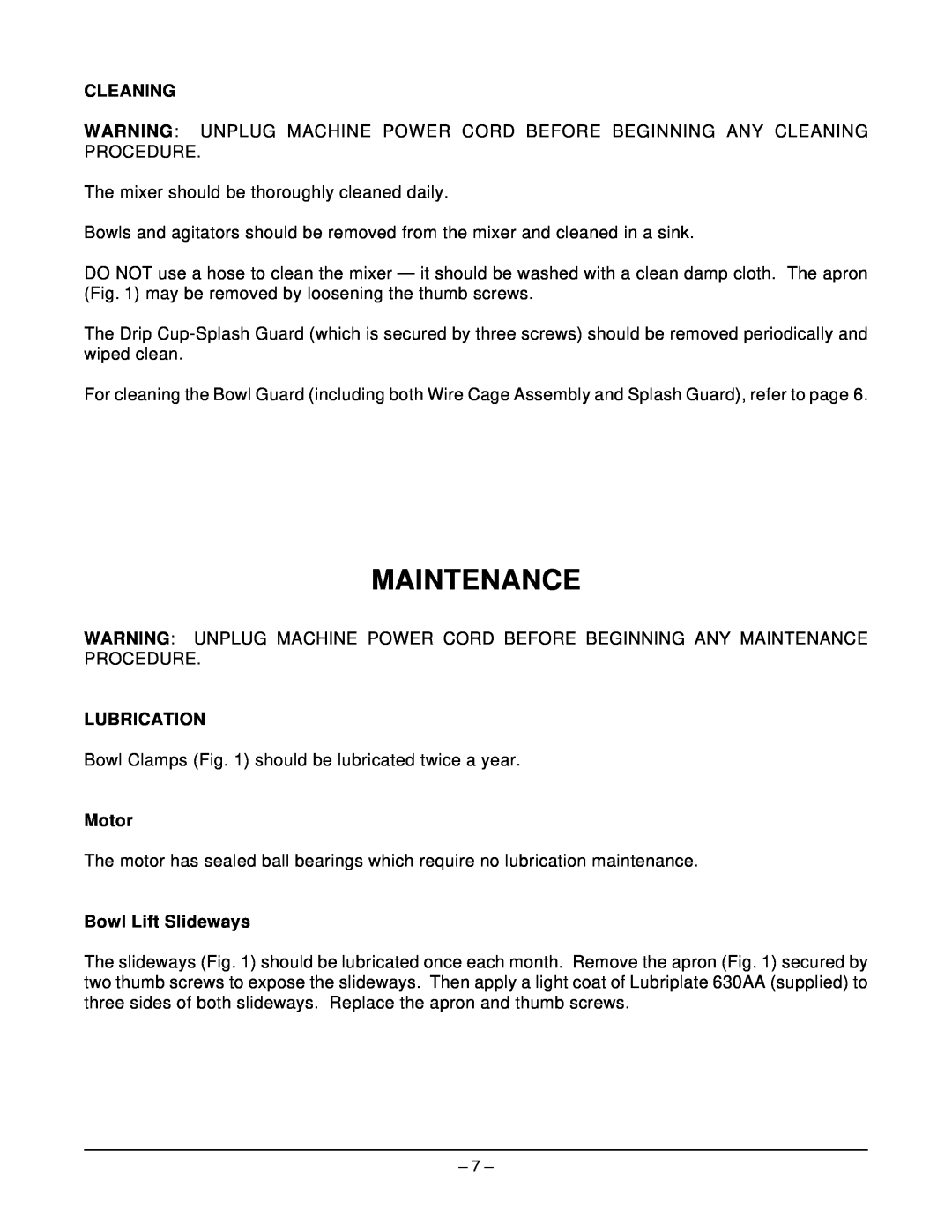 Hobart ML-104858 manual Maintenance, Cleaning, Lubrication, Motor, Bowl Lift Slideways 