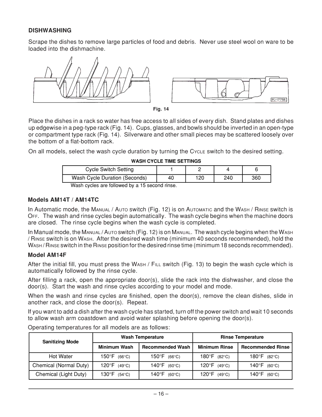 Hobart ML-110975, ML-110973, ML-110974 manual Dishwashing, Models AM14T / AM14TC, Model AM14F 