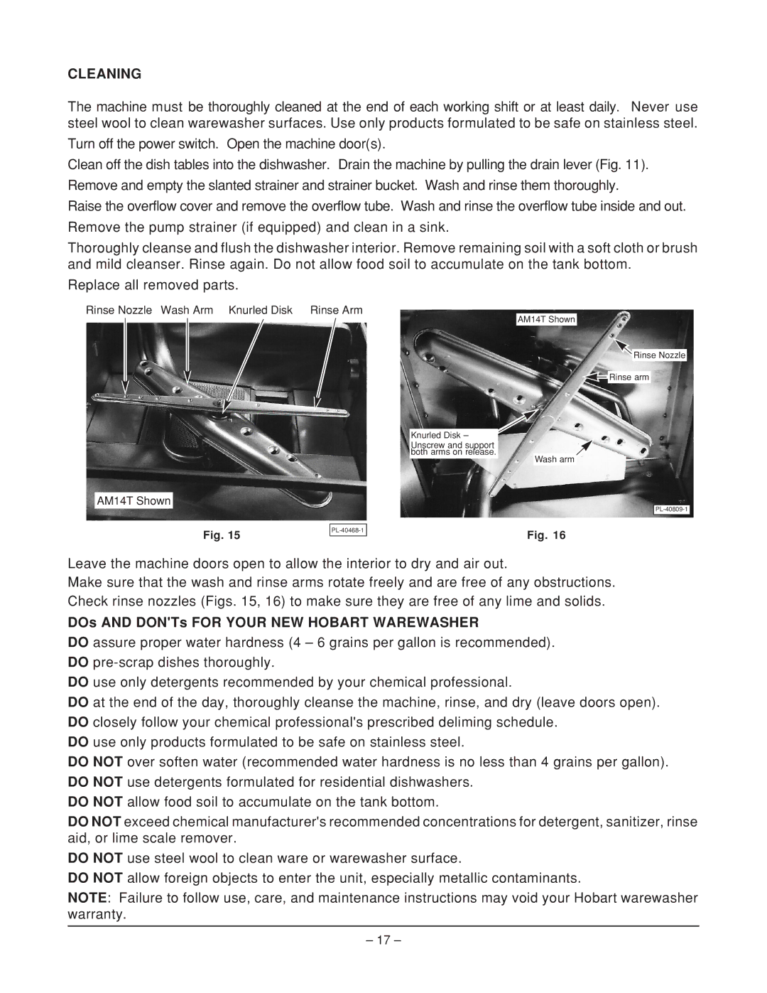 Hobart ML-110974, ML-110975, ML-110973, AM14F, AM14TC manual Cleaning, DOs and DONTs for Your NEW Hobart Warewasher 