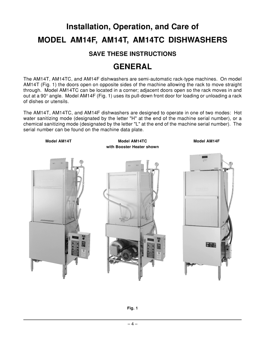 Hobart ML-110975, ML-110973, ML-110974 manual Model AM14F, AM14T, AM14TC Dishwashers General 