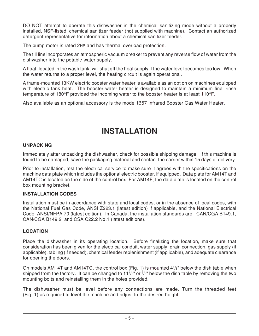 Hobart ML-110974, ML-110975, ML-110973, AM14F, AM14TC manual Unpacking, Installation Codes, Location 