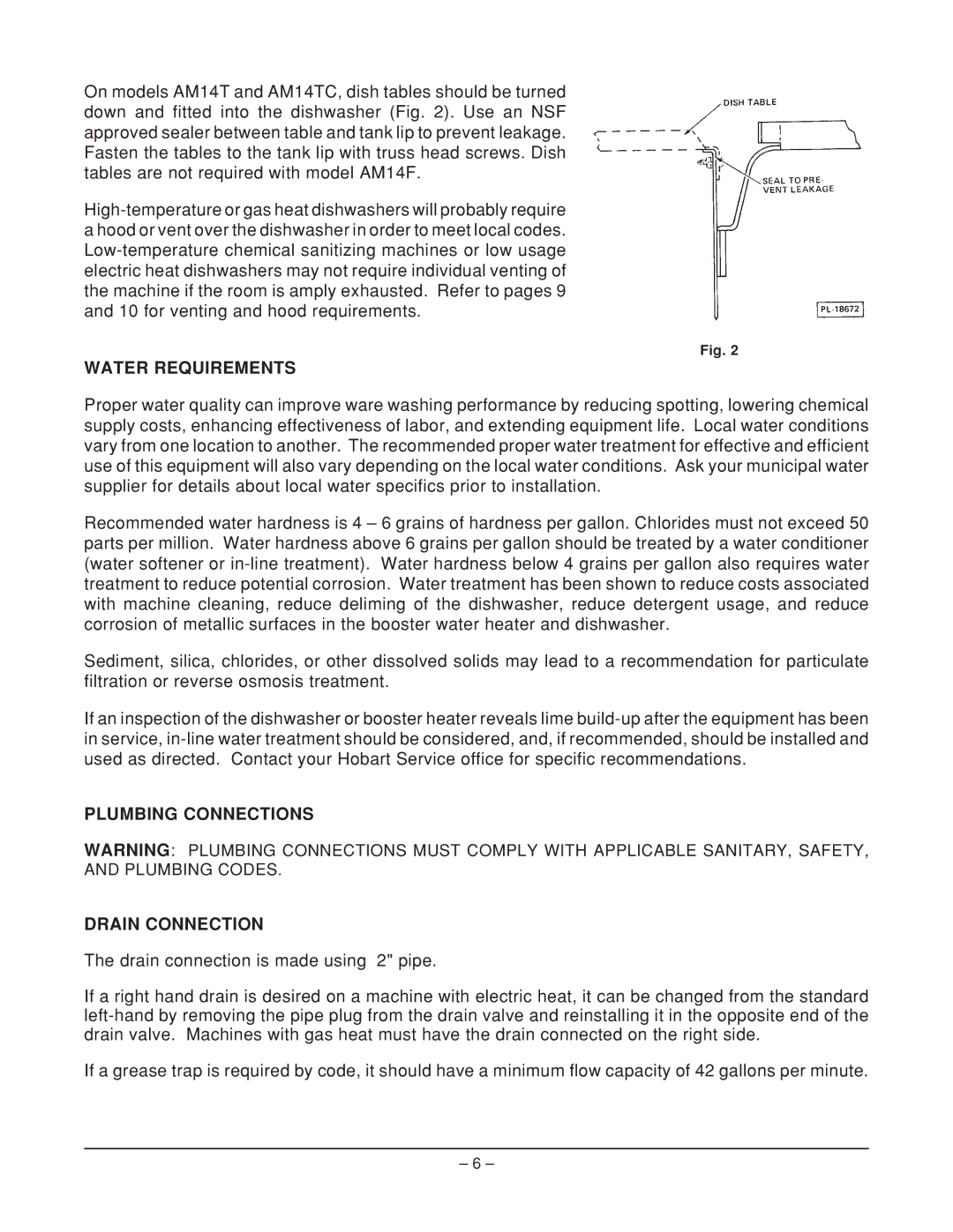 Hobart ML-110975, ML-110973, AM14F, AM14TC, ML-110974 manual Water Requirements, Plumbing Connections Drain Connection 