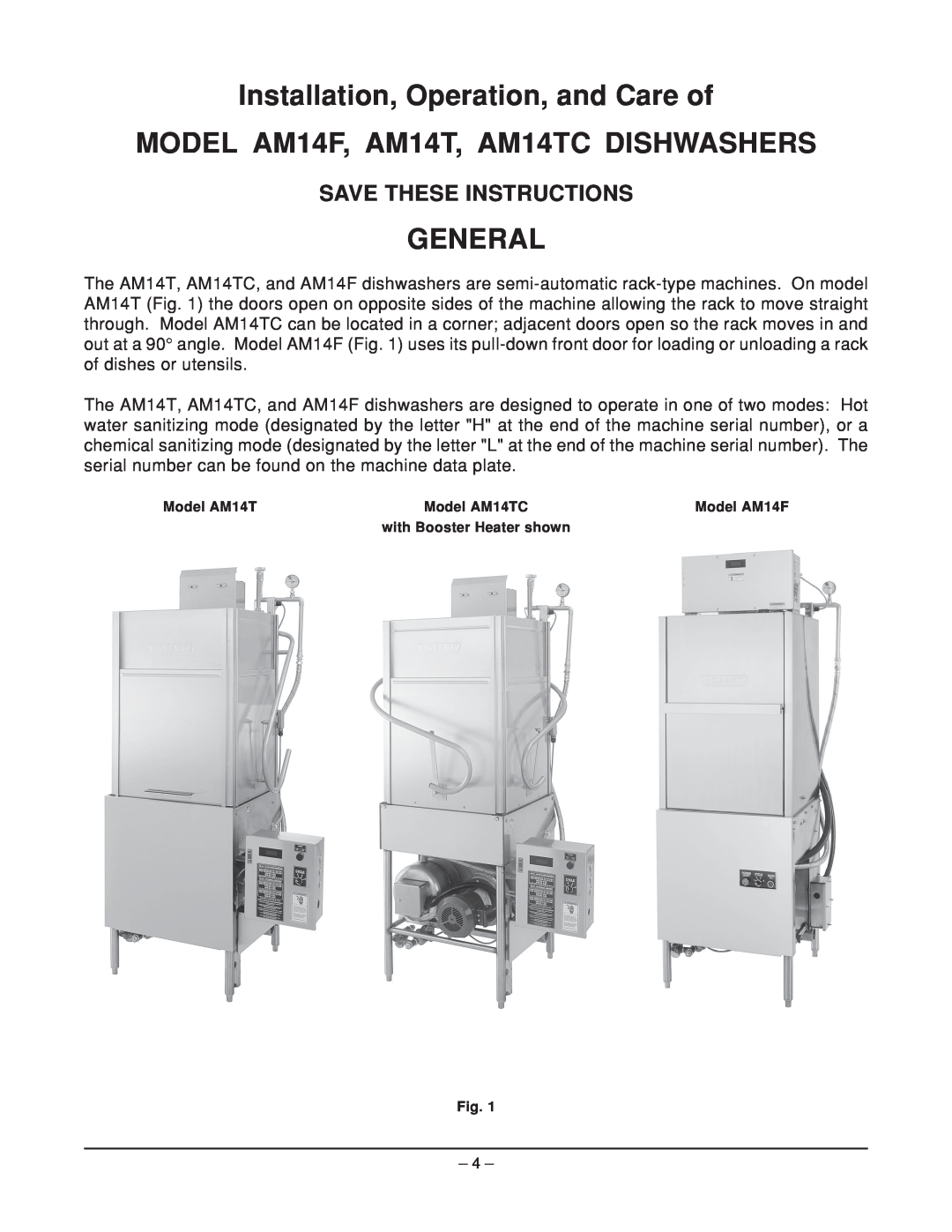 Hobart Installation, Operation, and Care of, MODEL AM14F, AM14T, AM14TC DISHWASHERS, General, Save These Instructions 