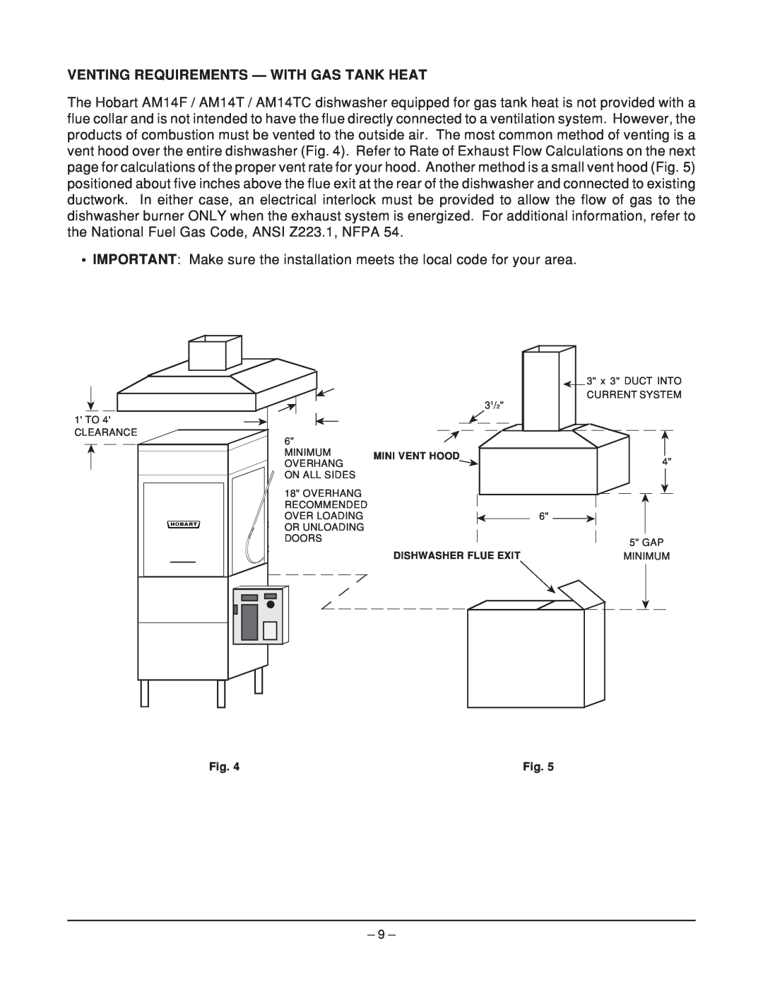 Hobart AM14T, ML-110975, ML-110973, AM14F Venting Requirements - With Gas Tank Heat, Mini Vent Hood, Dishwasher Flue Exit 