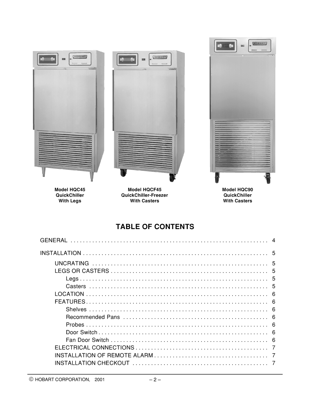 Hobart HQCF45, ML-124068, HQC90, ML-124066, ML-124067 manual Table of Contents 