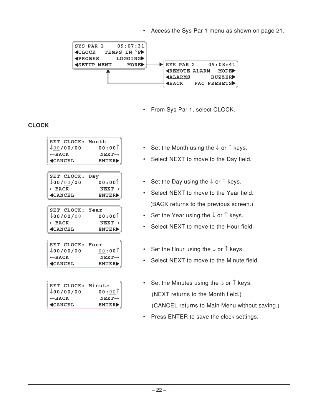 Hobart HQCF45, ML-124068, HQC90, ML-124066, ML-124067 manual Access the Sys Par 1 menu as shown on, Clock 