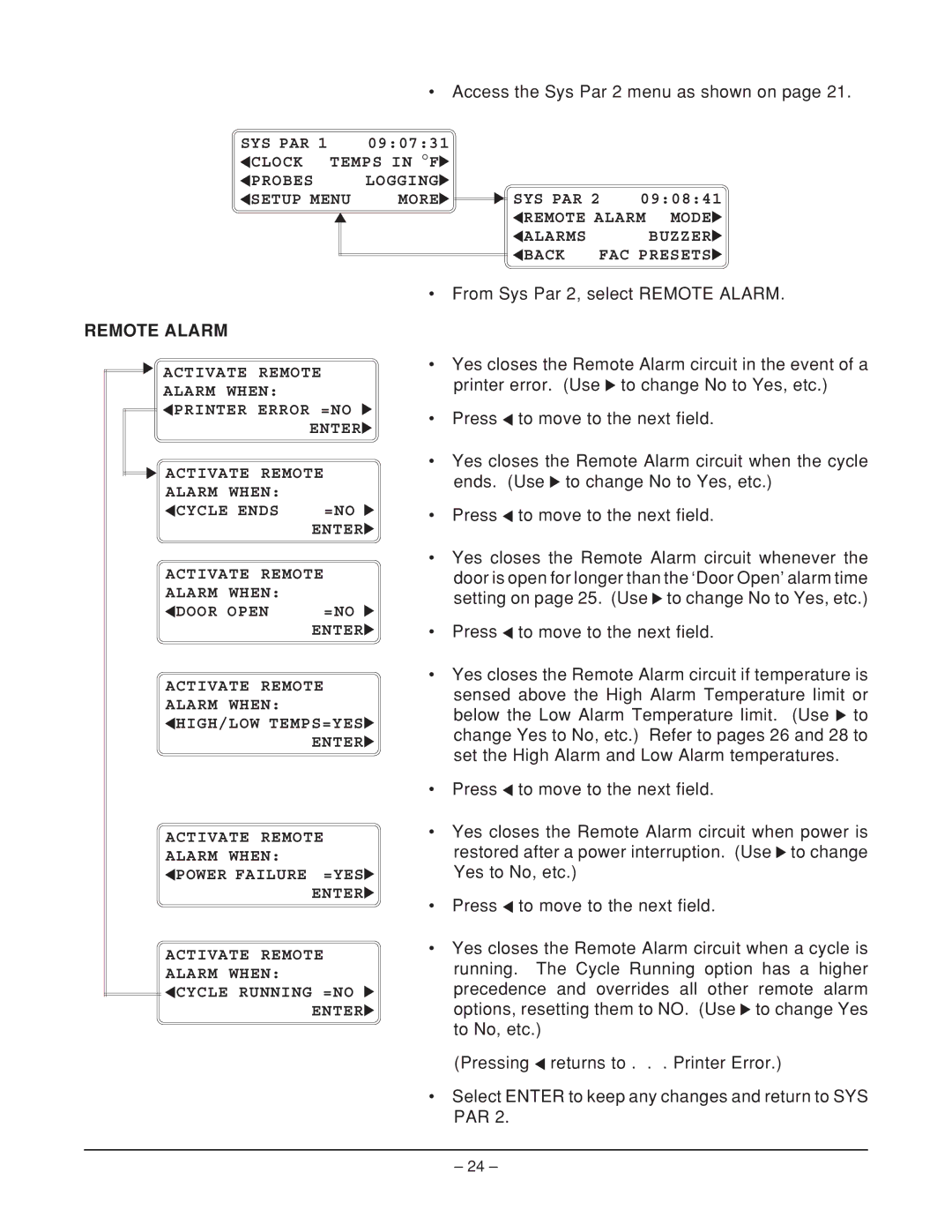 Hobart ML-124067, ML-124068, HQC90, HQCF45, ML-124066 manual Access the Sys Par 2 menu as shown on, Remote Alarm 