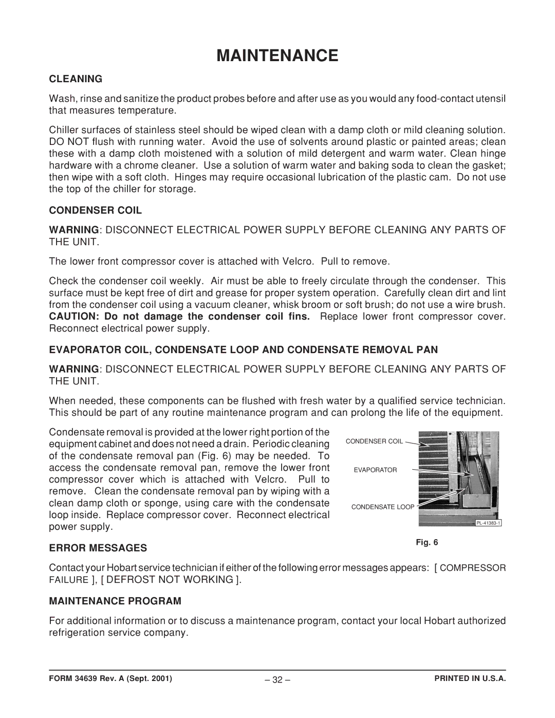 Hobart HQCF45, HQC90 Cleaning, Condenser Coil, Evaporator COIL, Condensate Loop and Condensate Removal PAN, Error Messages 