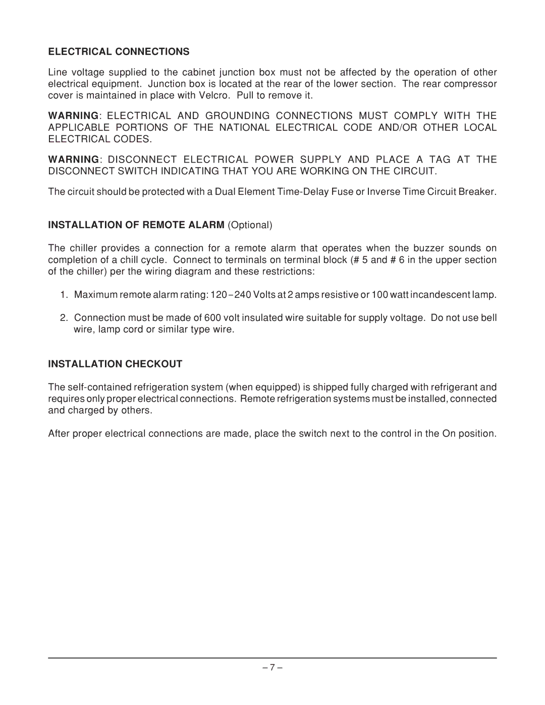 Hobart HQCF45, ML-124068, HQC90 manual Electrical Connections, Installation of Remote Alarm Optional, Installation Checkout 