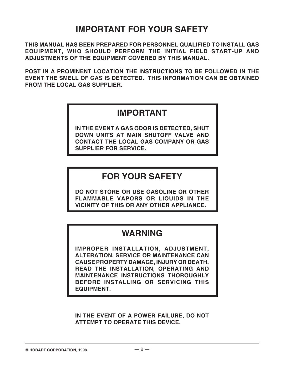 Hobart HGC6024, ML-126181, HGC4832, HGC3018, HGC4018, ML-126180, ML-126184, ML-126187 Important for Your Safety, For Your Safety 