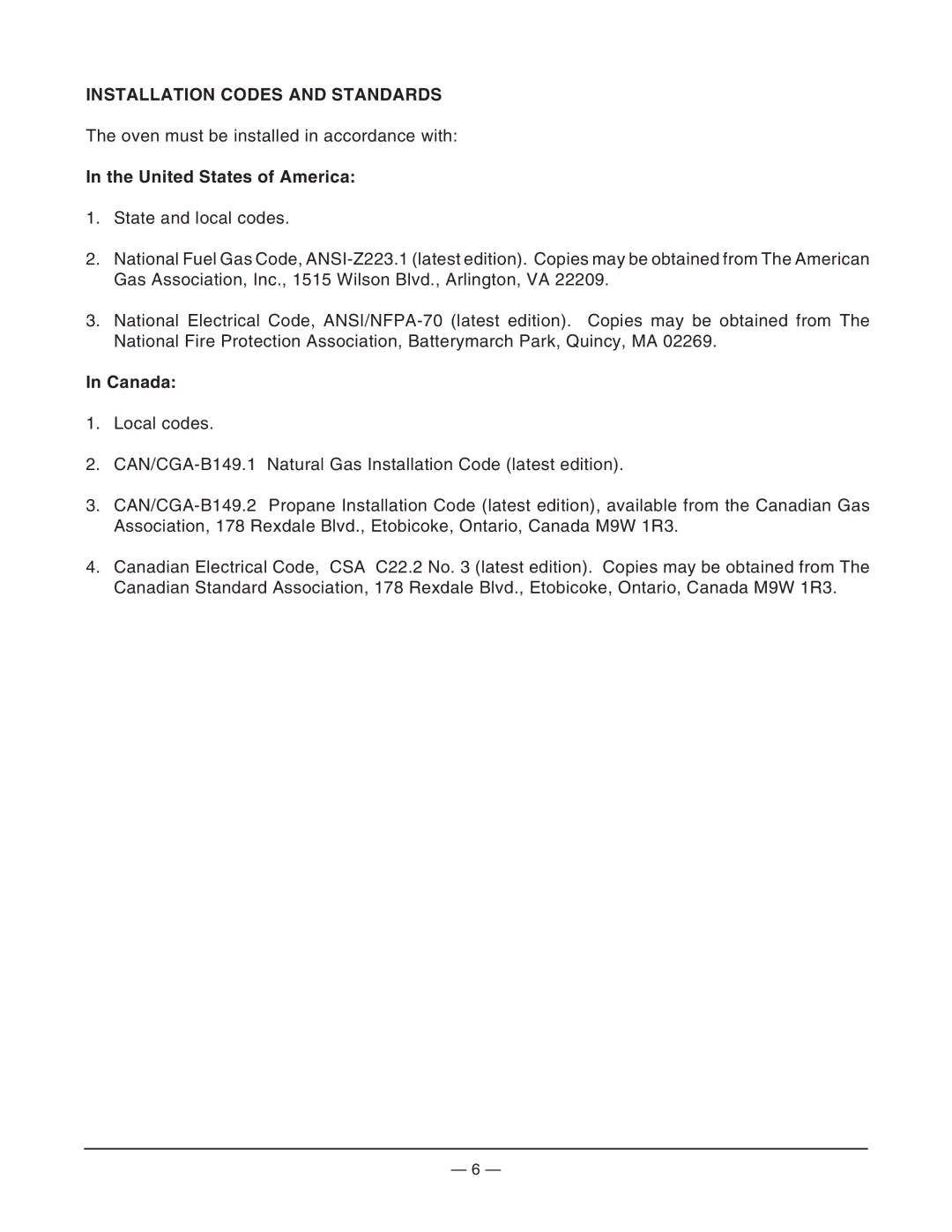 Hobart ML-126184, ML-126181, HGC4832, HGC6024, HGC3018 Installation Codes and Standards, United States of America, Canada 