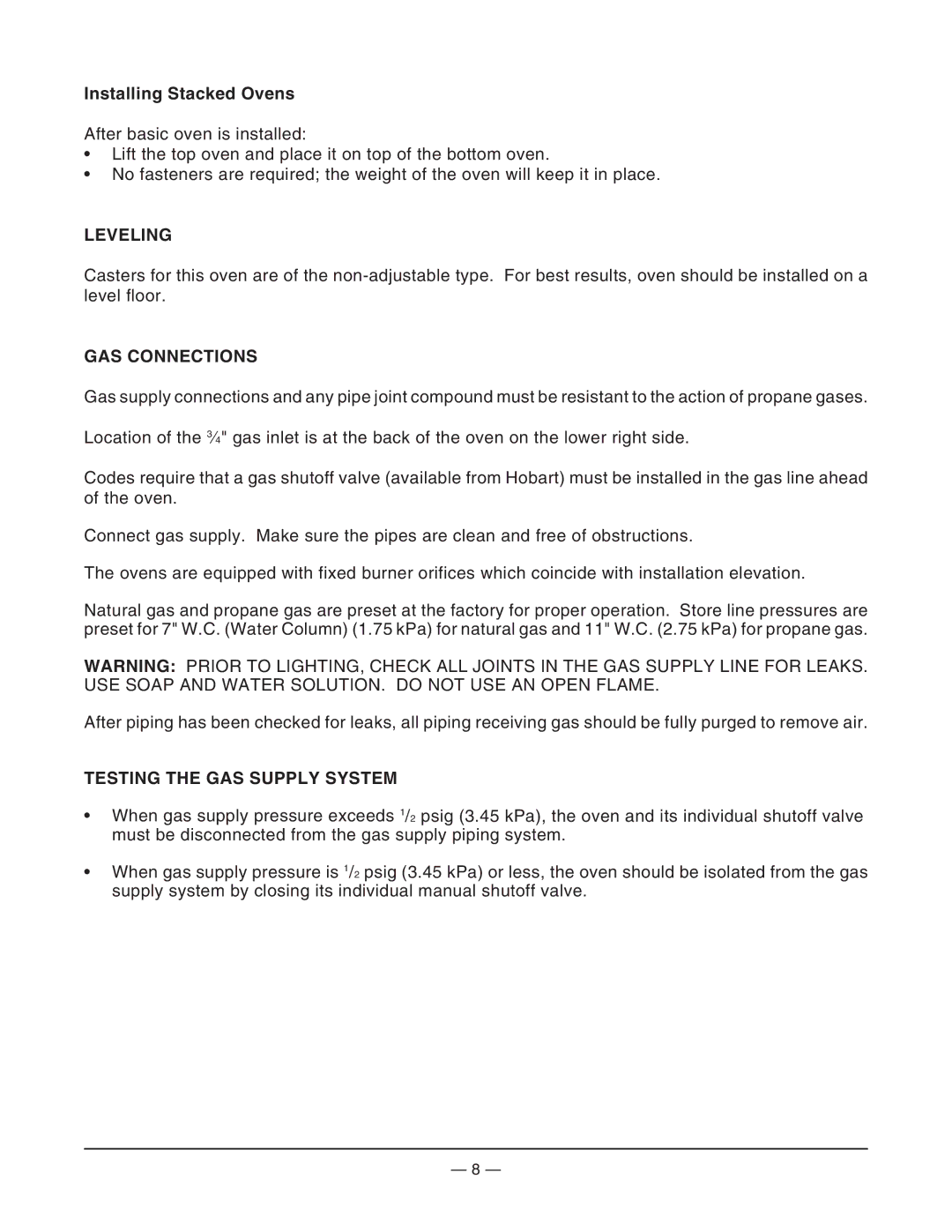 Hobart HGC6032, ML-126181, HGC4832 manual Installing Stacked Ovens, Leveling, GAS Connections, Testing the GAS Supply System 