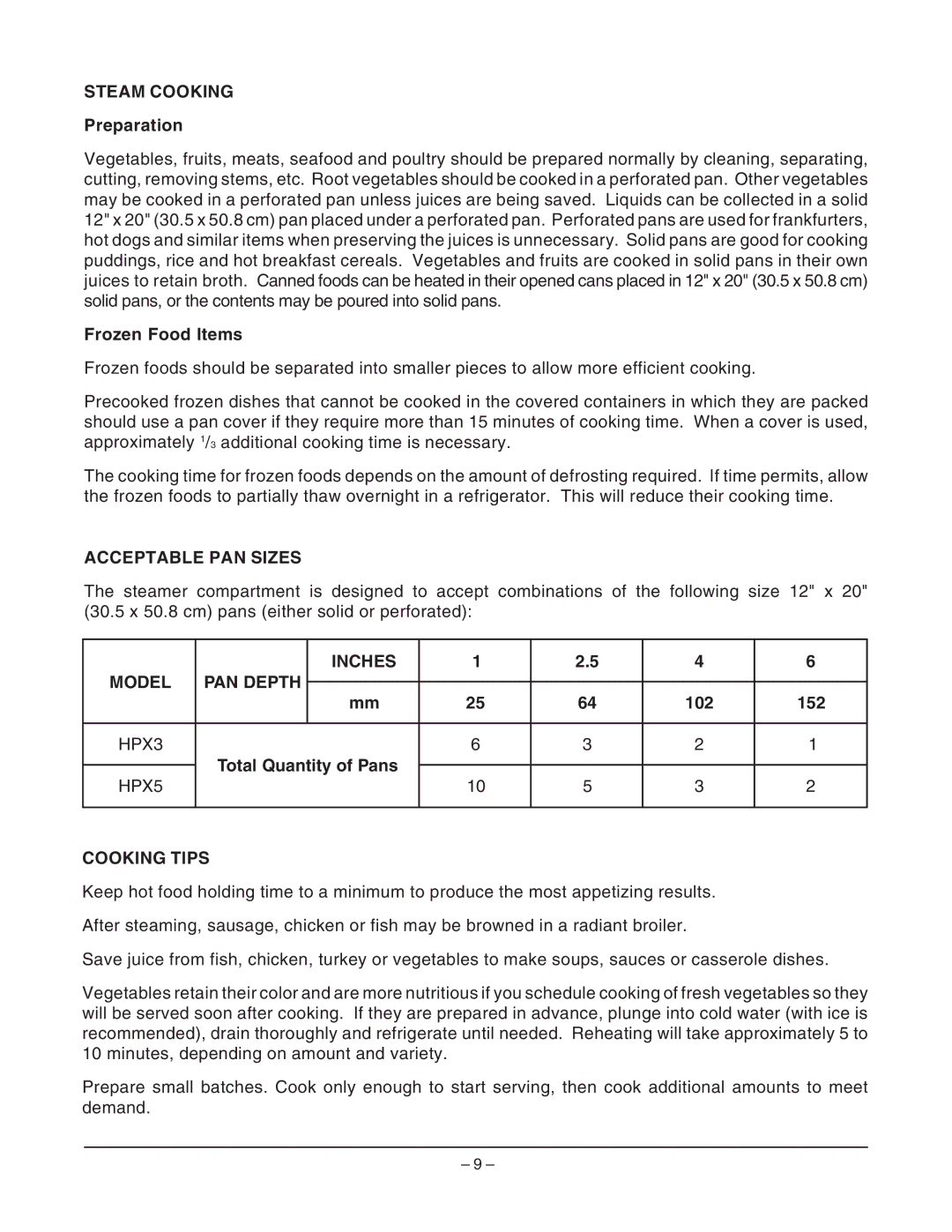 Hobart HPX3, ML-126826 manual Steam Cooking, Acceptable PAN Sizes, Inches, PAN Depth, HPX5 Cooking Tips 