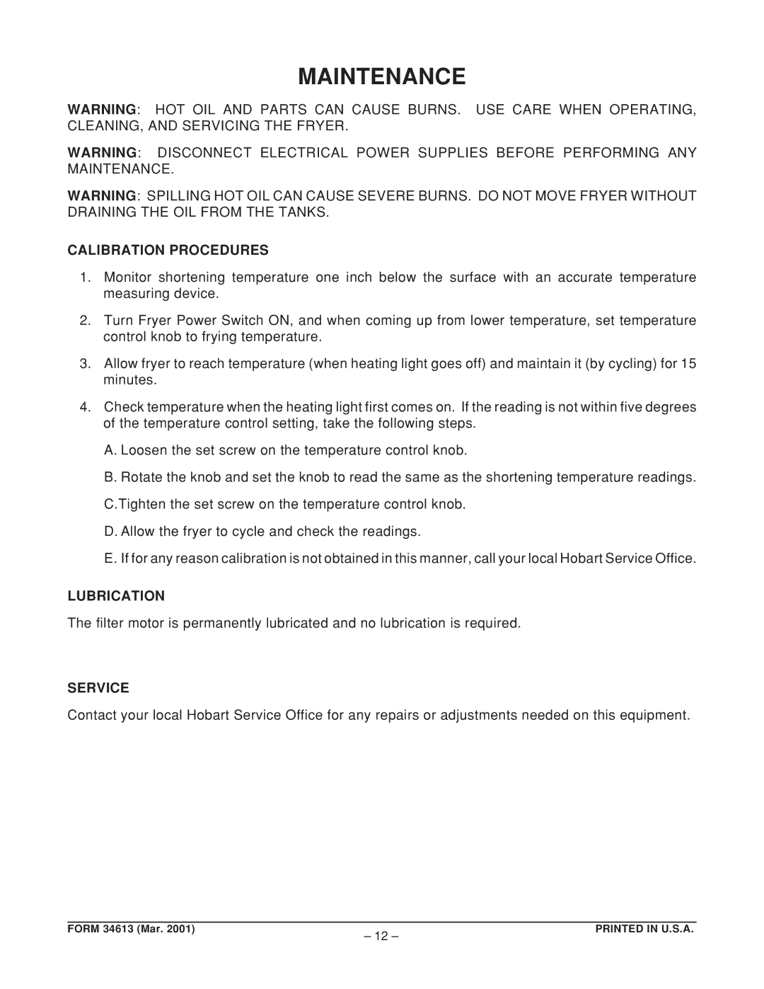 Hobart ML-126832, ML-126831, 3HFD140, 4HFD140 manual Maintenance, Calibration Procedures, Lubrication, Service 