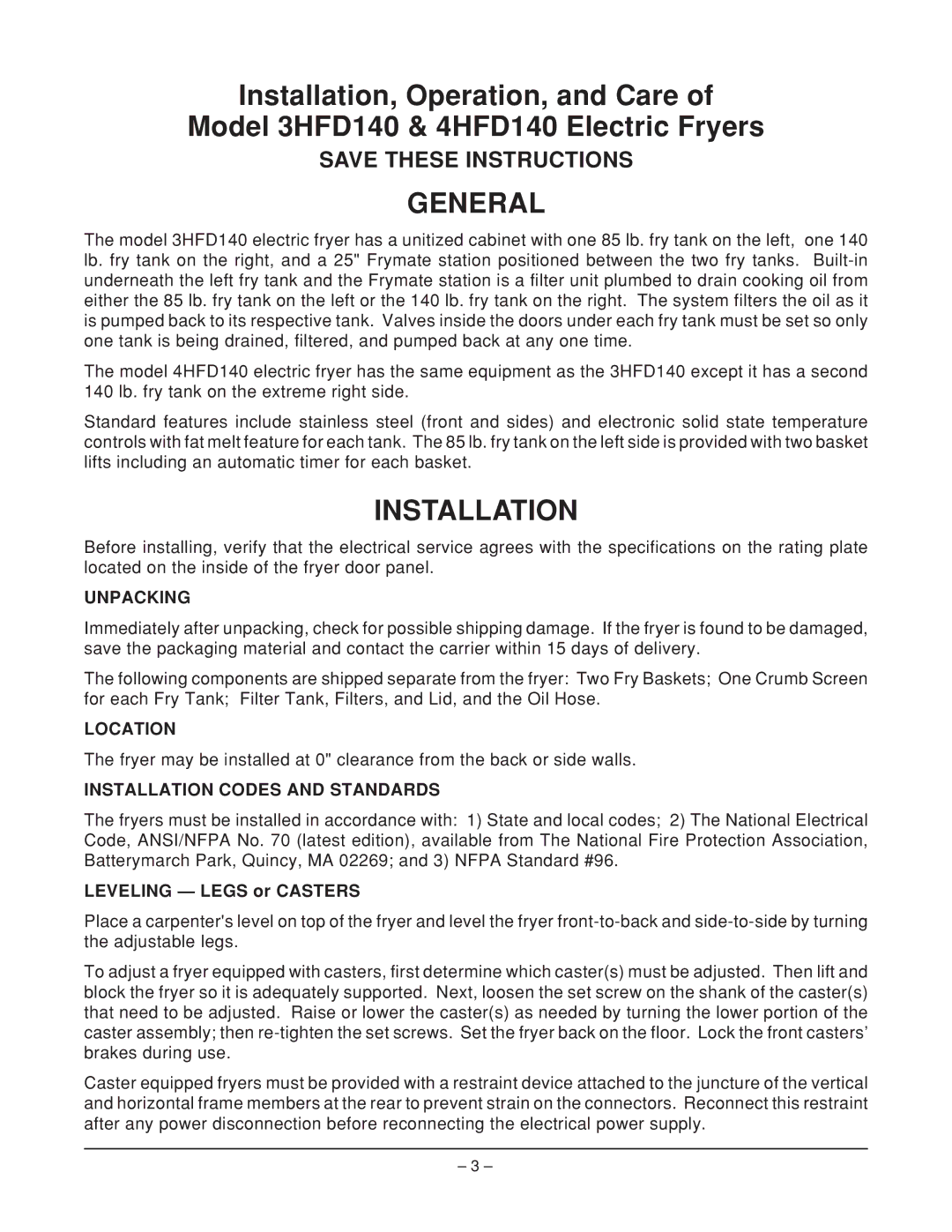 Hobart 4HFD140, ML-126832, ML-126831, 3HFD140 manual General, Unpacking, Location, Installation Codes and Standards 