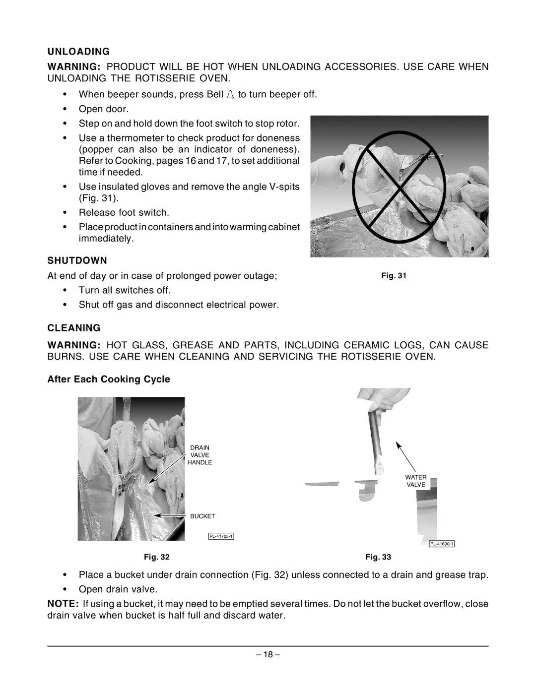 Hobart ML-132055 manual Unloading, Shutdown, At end of day or in case of prolonged power outage, Cleaning 