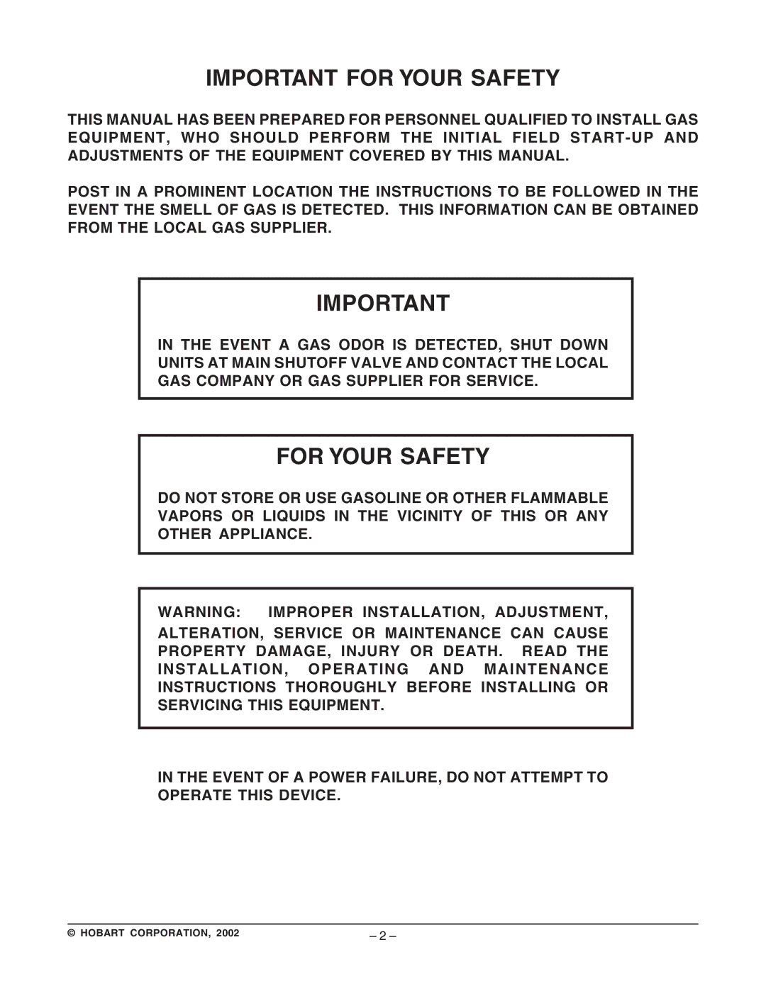 Hobart ML-132055 manual Important for Your Safety, For Your Safety 