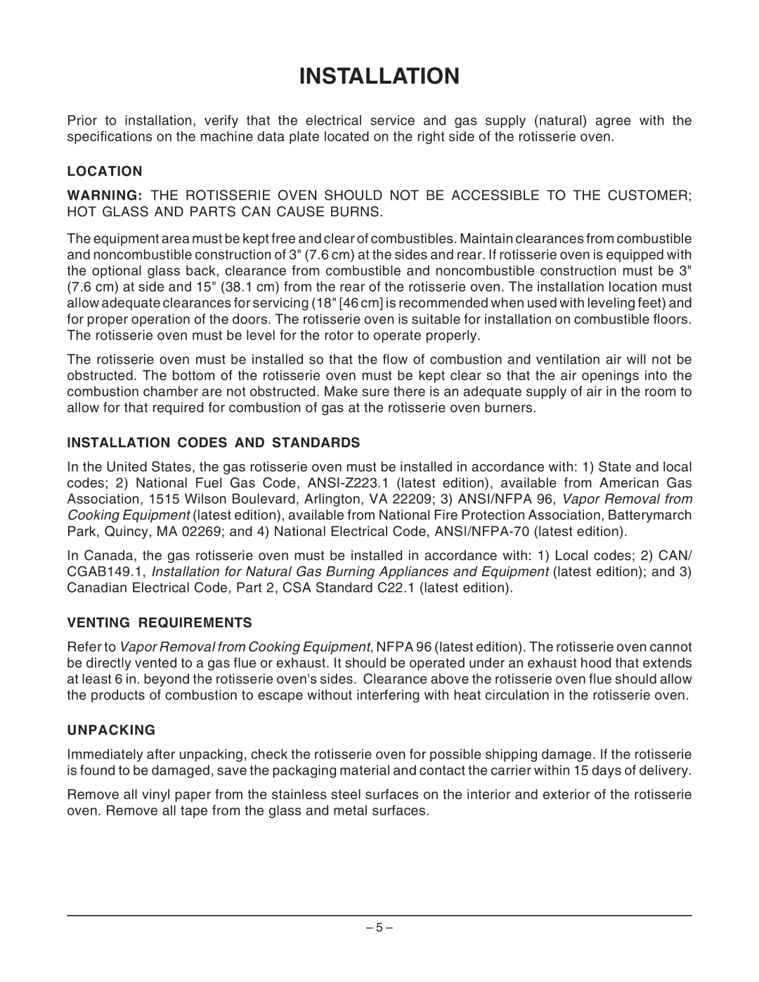 Hobart ML-132055 manual Location, Installation Codes and Standards, Venting Requirements, Unpacking 