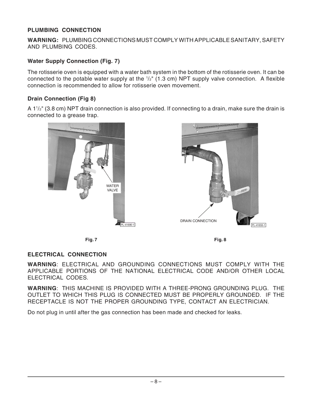 Hobart ML-132055 manual Plumbing Connection, Water Supply Connection Fig, Drain Connection Fig, Electrical Connection 