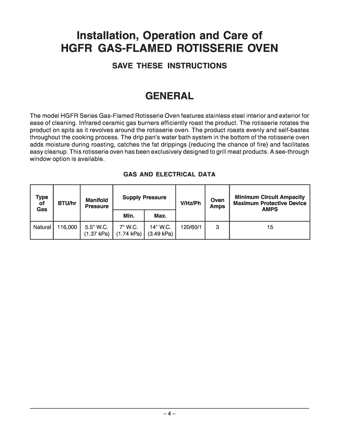 Hobart ML-132055 General, Installation, Operation and Care of HGFR GAS-FLAMED ROTISSERIE OVEN, Save These Instructions 