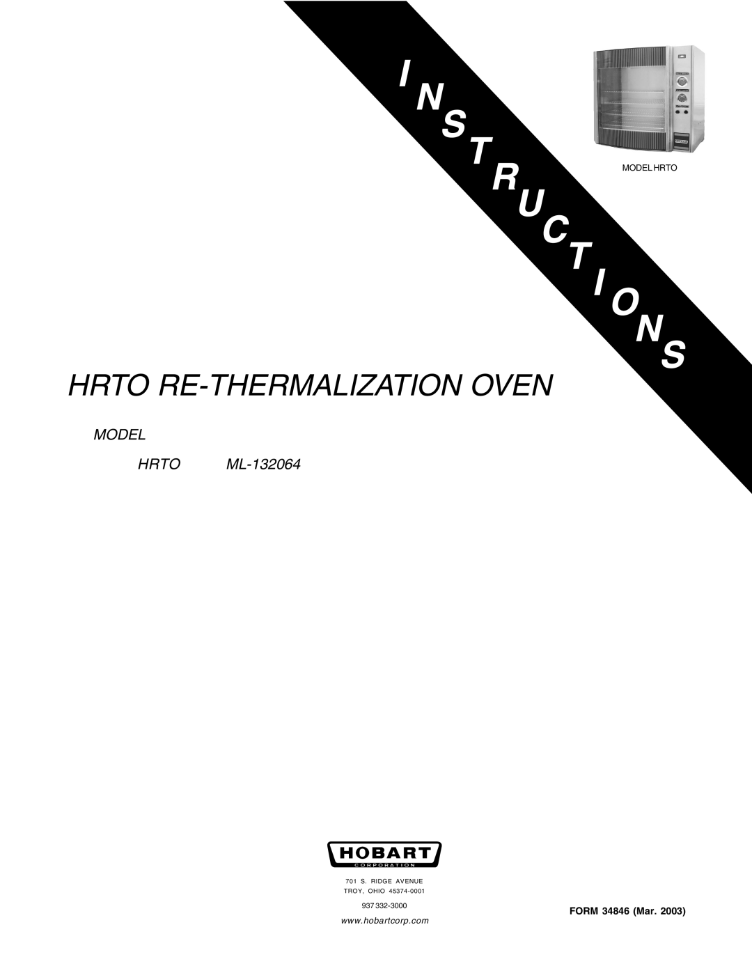 Hobart manual Hrto Re-Thermalizationoven, MODEL HRTO ML-132064, FORM 34846 Mar, Model Hrto 