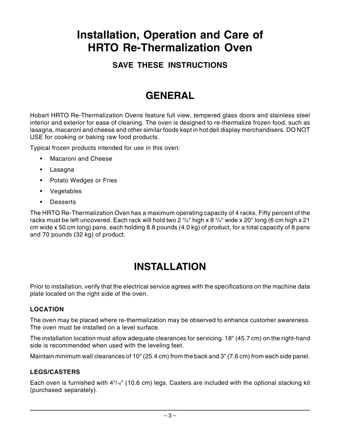 Hobart ML-132064 General, Installation, Operation and Care of, HRTO Re-ThermalizationOven, Save These Instructions 