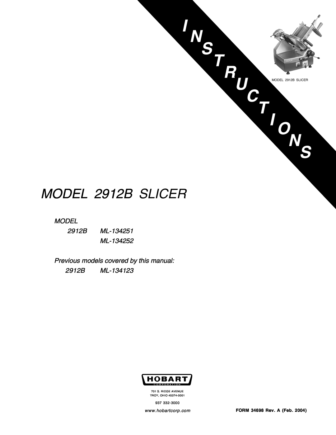 Hobart manual MODEL 2912B SLICER, MODEL 2912B ML-134251 ML-134252, Previous models covered by this manual 