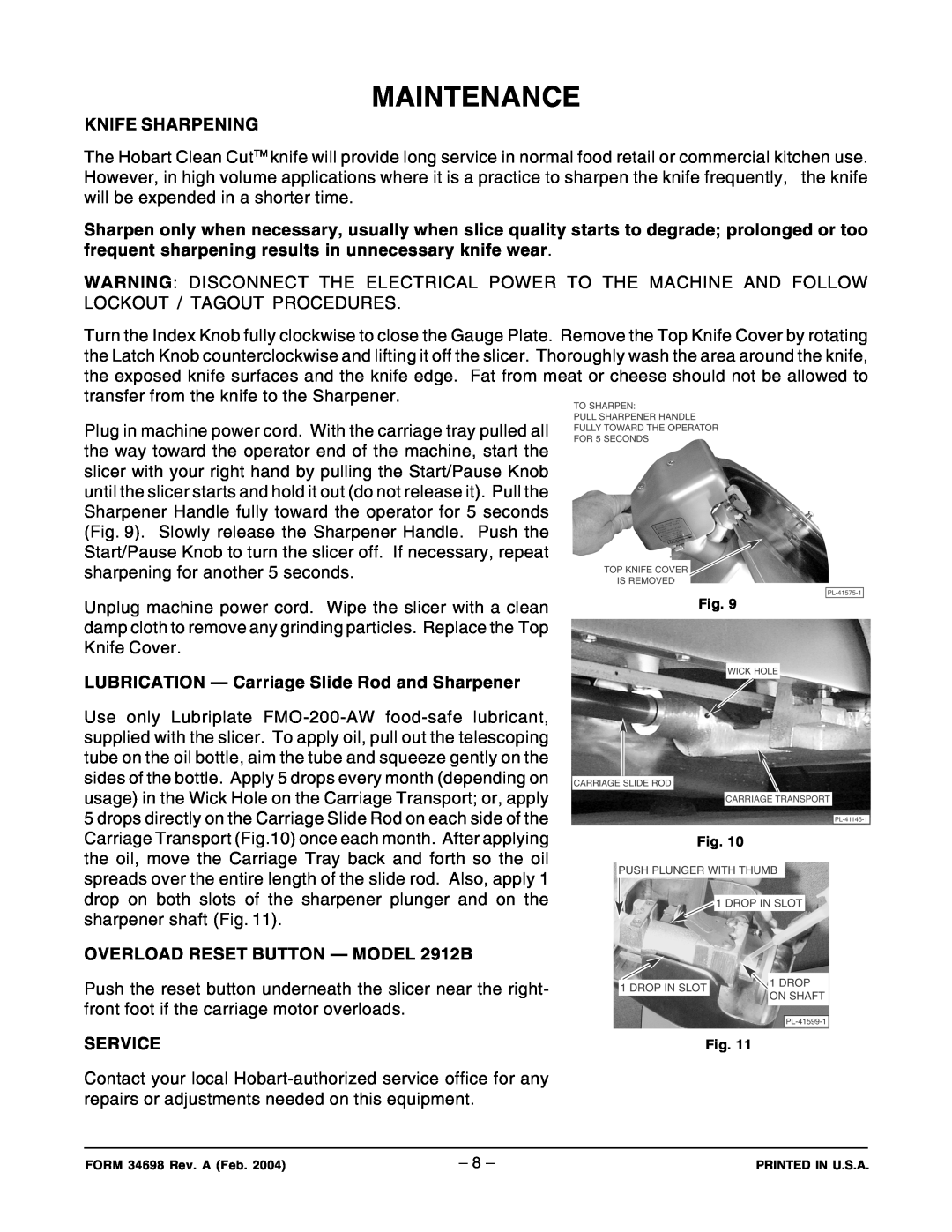 Hobart ML-134252 manual Maintenance, Knife Sharpening, LUBRICATION - Carriage Slide Rod and Sharpener, Service 