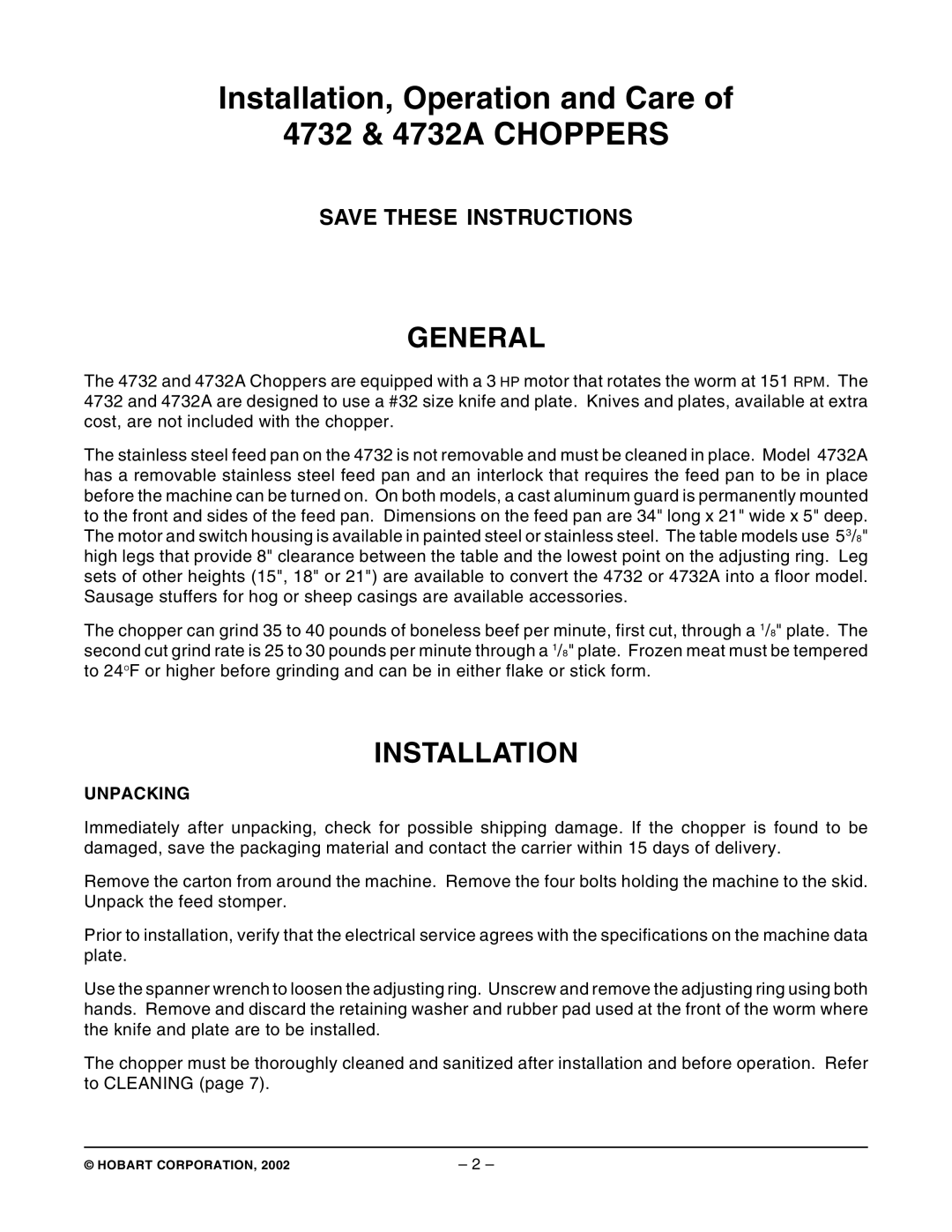 Hobart ML-19689 General, Installation, Operation and Care of 4732 & 4732A CHOPPERS, Save These Instructions, Unpacking 