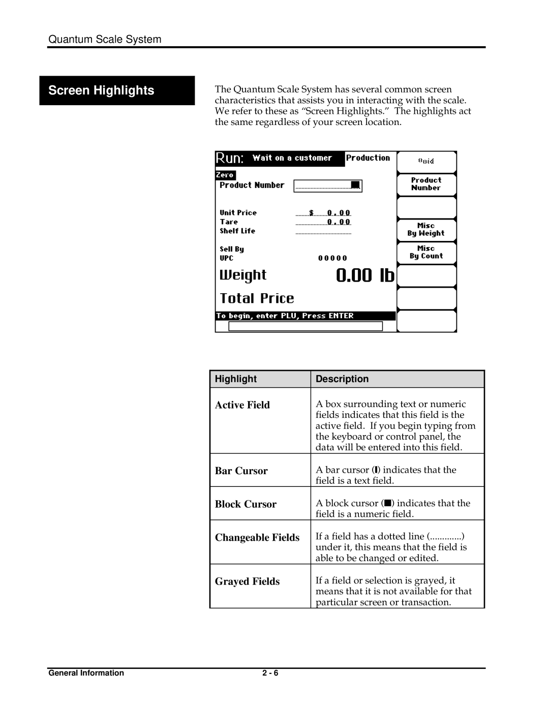 Hobart ML-29191, ML-29048, ML-29044, ML-29188 manual Active Field, Bar Cursor, Block Cursor, Changeable Fields, Grayed Fields 