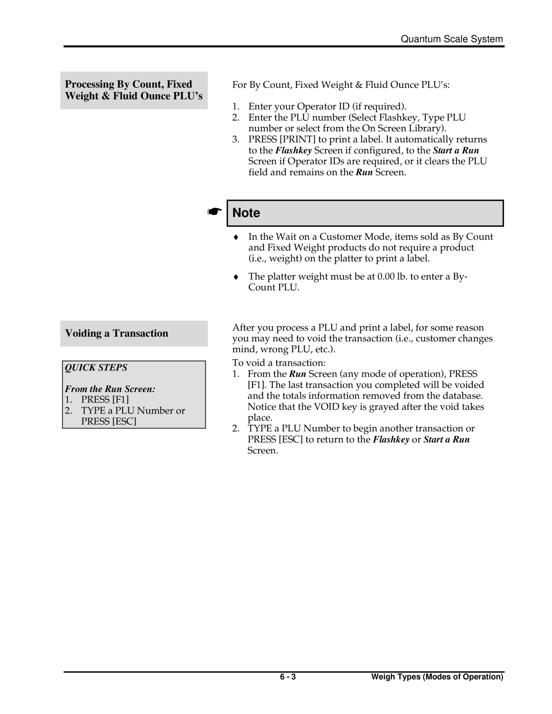 Hobart ML-29188, ML-29191, ML-29048, ML-29044 Processing By Count, Fixed, Weight & Fluid Ounce PLU’s, Voiding a Transaction 