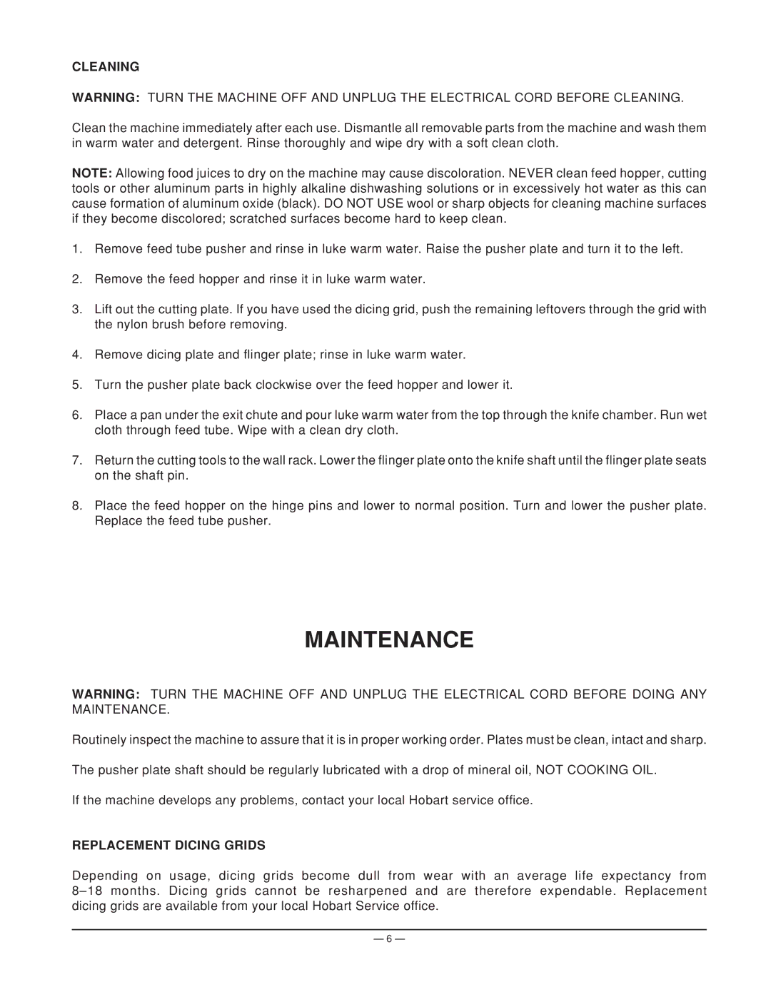 Hobart ML-38962 manual Maintenance 