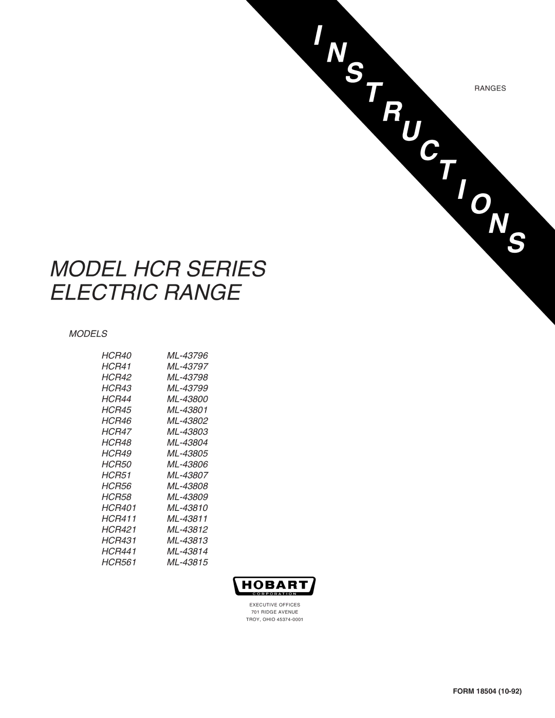 Hobart ML-43809, ML-43810, ML-43808, ML-43807, ML-43805, ML-43804, ML-43802, ML-43803 manual Model HCR Series Electric Range 