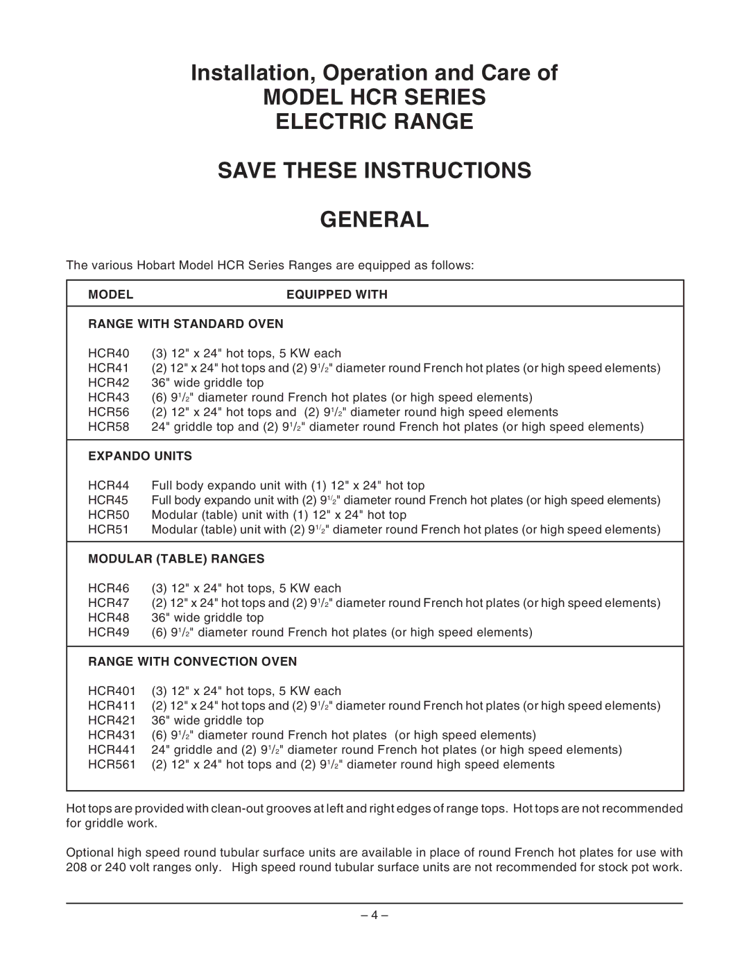 Hobart ML-43805 manual Model HCR Series Electric Range General, Model Equipped with Range with Standard Oven, Expando Units 