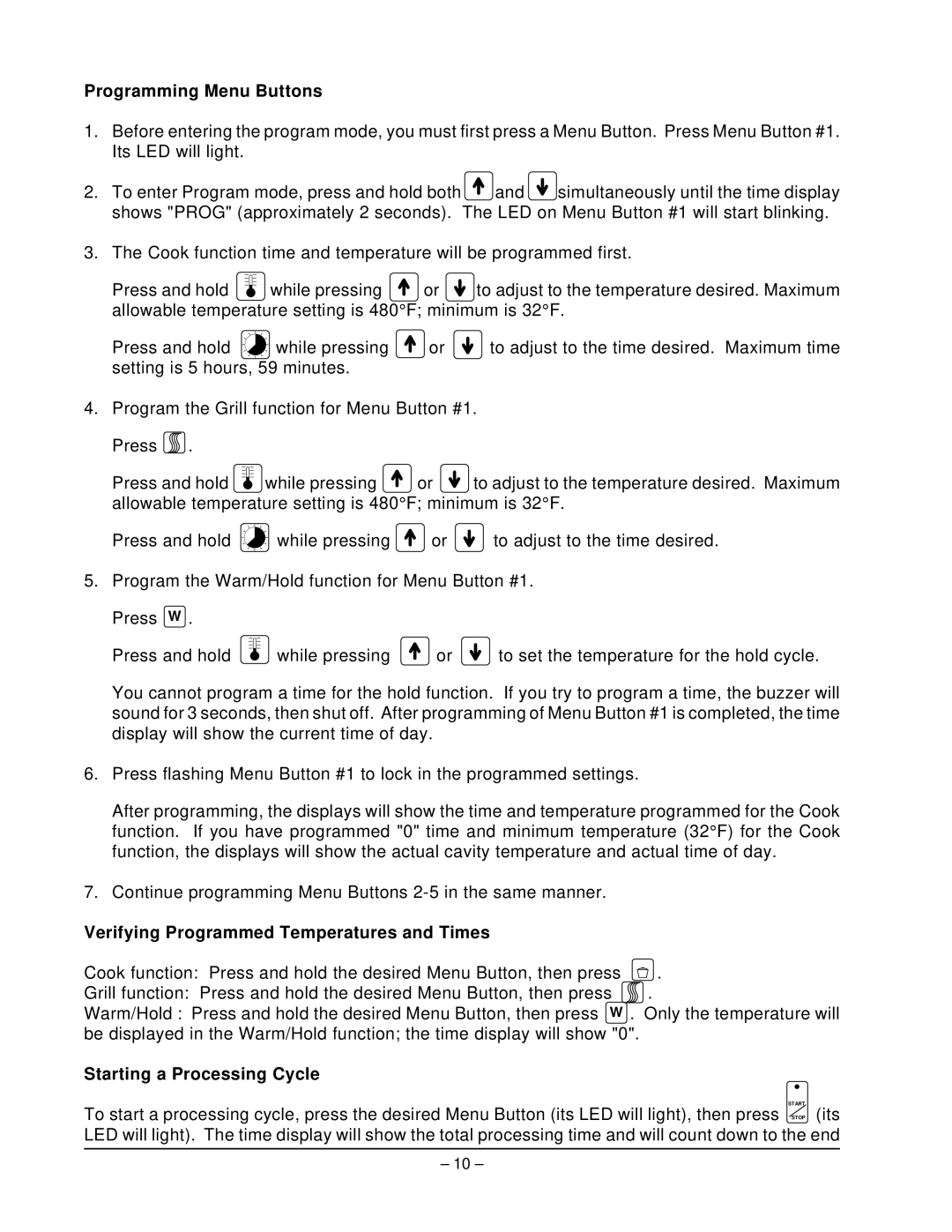 Hobart ML-43889 manual Programming Menu Buttons, Verifying Programmed Temperatures and Times, Starting a Processing Cycle 