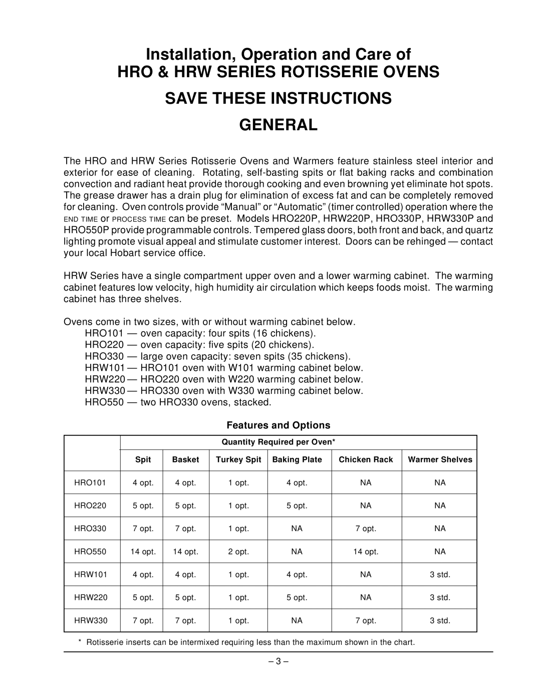 Hobart HRO550P, ML-43889 manual HRO & HRW Series Rotisserie Ovens General, Features and Options 